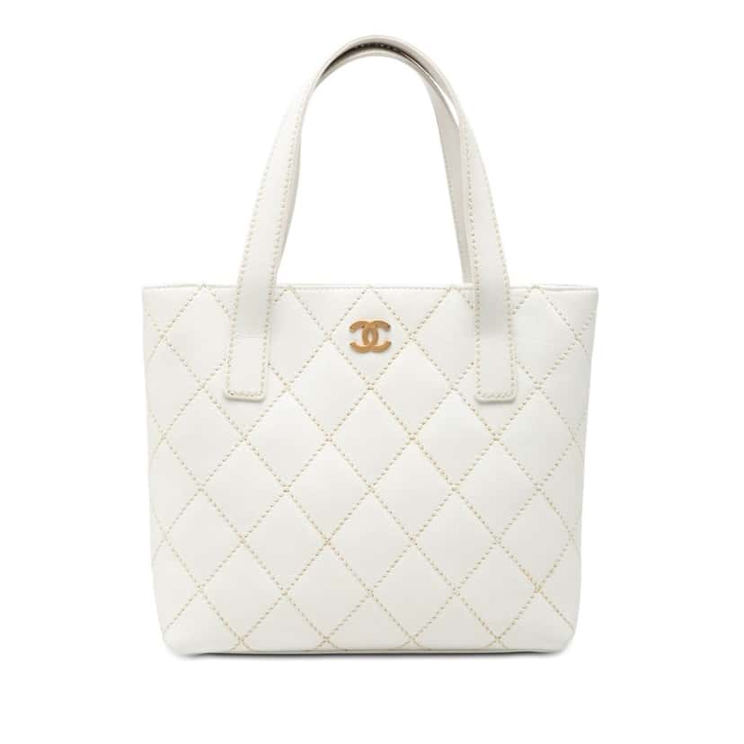 Chanel Small CC Quilted Calfskin Wild Stitch Tote White Leather Very good condition - Front View