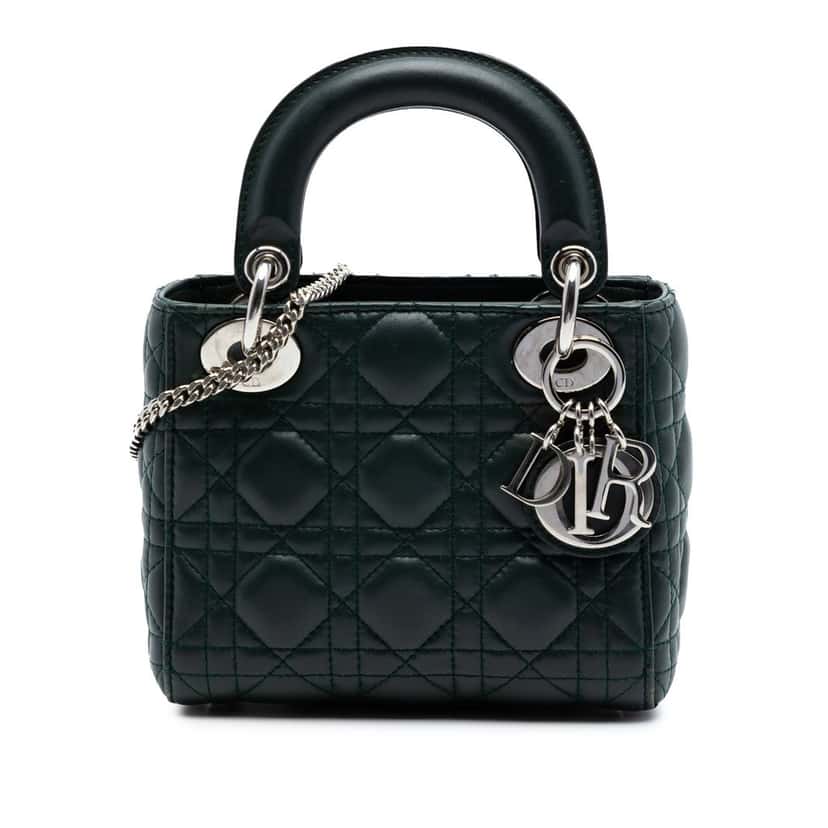 Dior Mini Lambskin Cannage Lady Dior Green Leather Very good condition - Front View