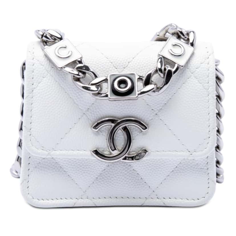 Chanel Mini Quilted Caviar Coco Enamel Strap Flap Clutch with Chain White Leather Very good condition - Front View