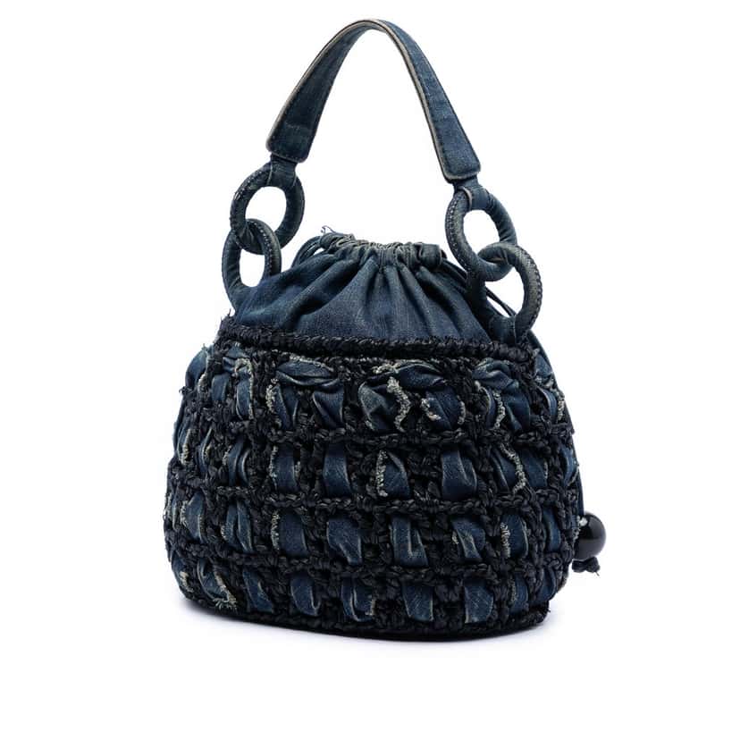 Chanel CC Woven Denim and Raffia Drawstring Bucket Bag Blue Very good condition - Back View