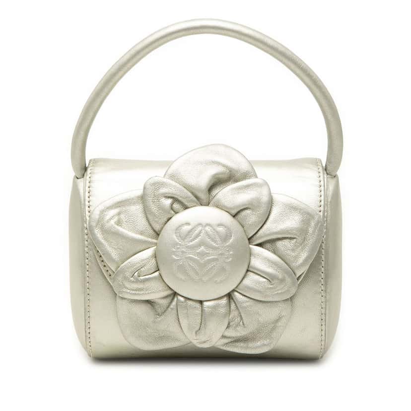 Loewe Metallic Leather Anagram Flower Handbag Silver Leather Very good condition - Front View