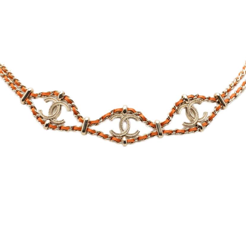 Chanel CC Gold Plated Leather Woven Wrap Choker Necklace Gold Metal Very good condition - Box View