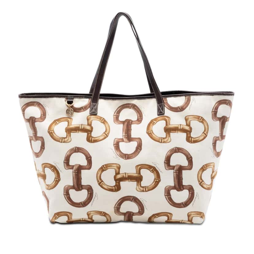 Gucci Printed Canvas Bamboo Horsebit Tote White Very good condition - Front View