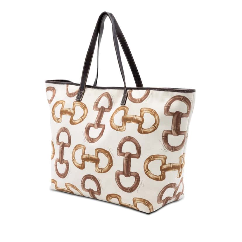 Gucci Printed Canvas Bamboo Horsebit Tote White Very good condition - Back View