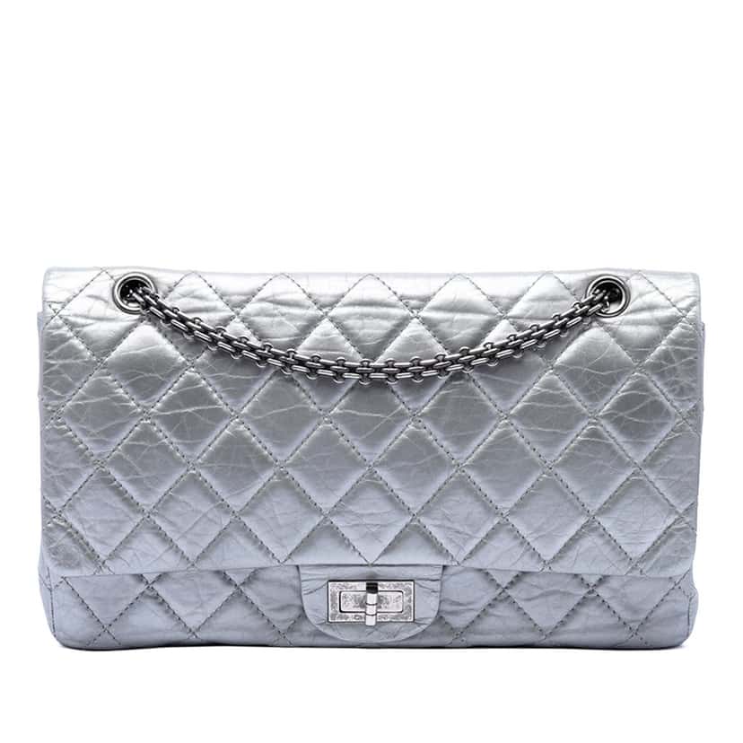 Chanel Quilted Metallic Aged Calfskin Reissue 2.55 Double Flap 227 Silver Leather Very good condition - Front View