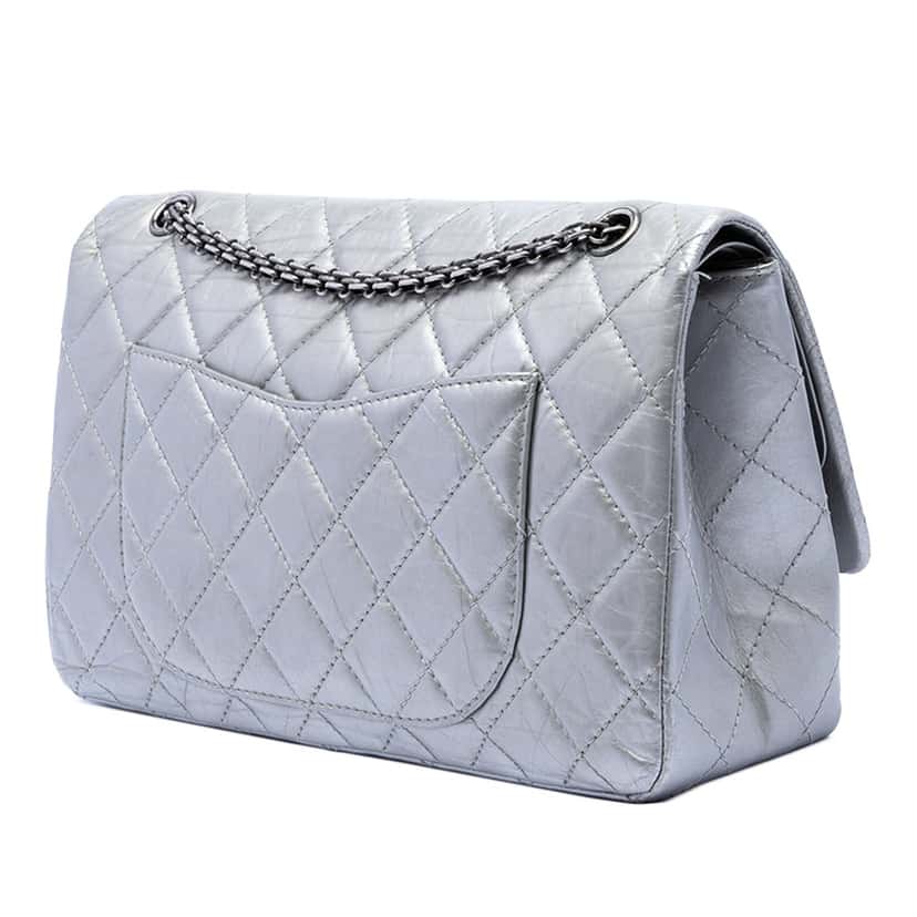 Chanel Quilted Metallic Aged Calfskin Reissue 2.55 Double Flap 227 Silver Leather Very good condition - Back View