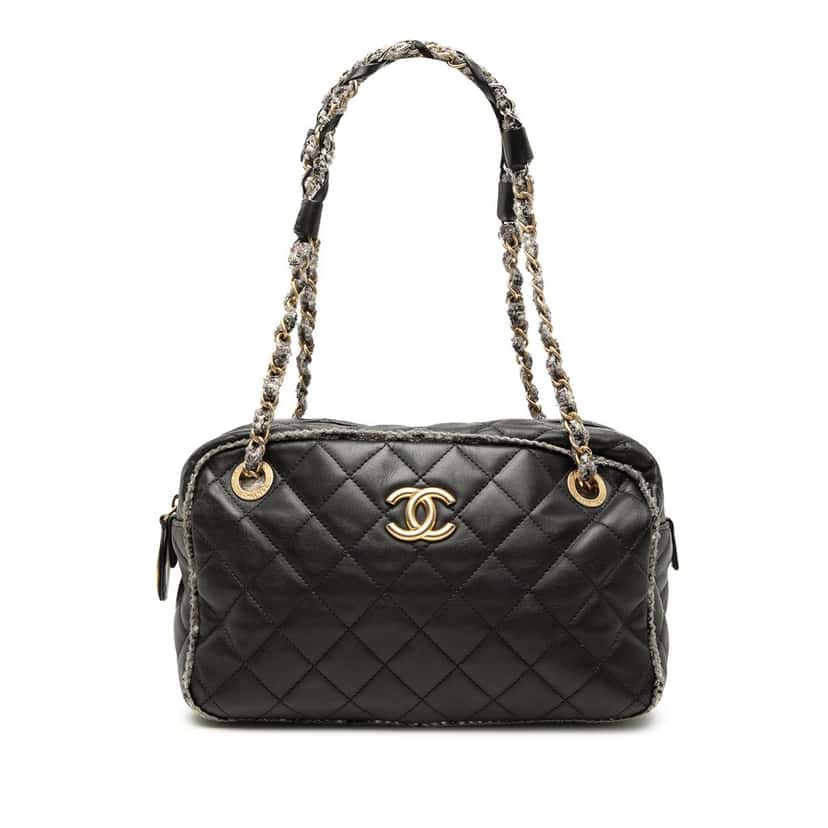 Chanel CC Quilted Lambskin Tweedy Bowler Bag Black Leather Very good condition - Front View