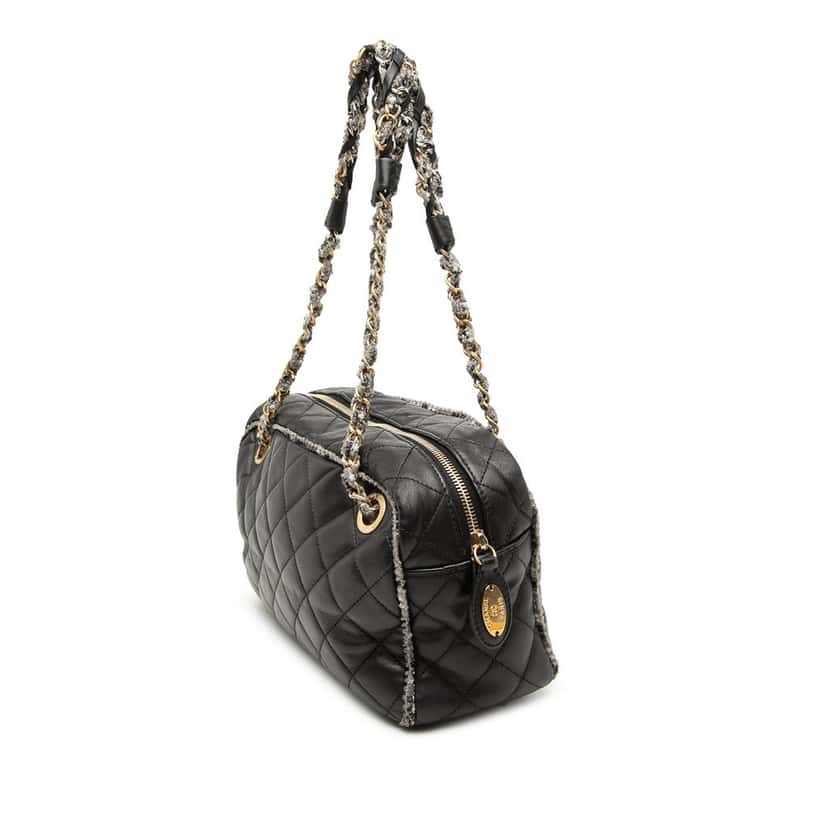 Chanel CC Quilted Lambskin Tweedy Bowler Bag Black Leather Very good condition - Back View