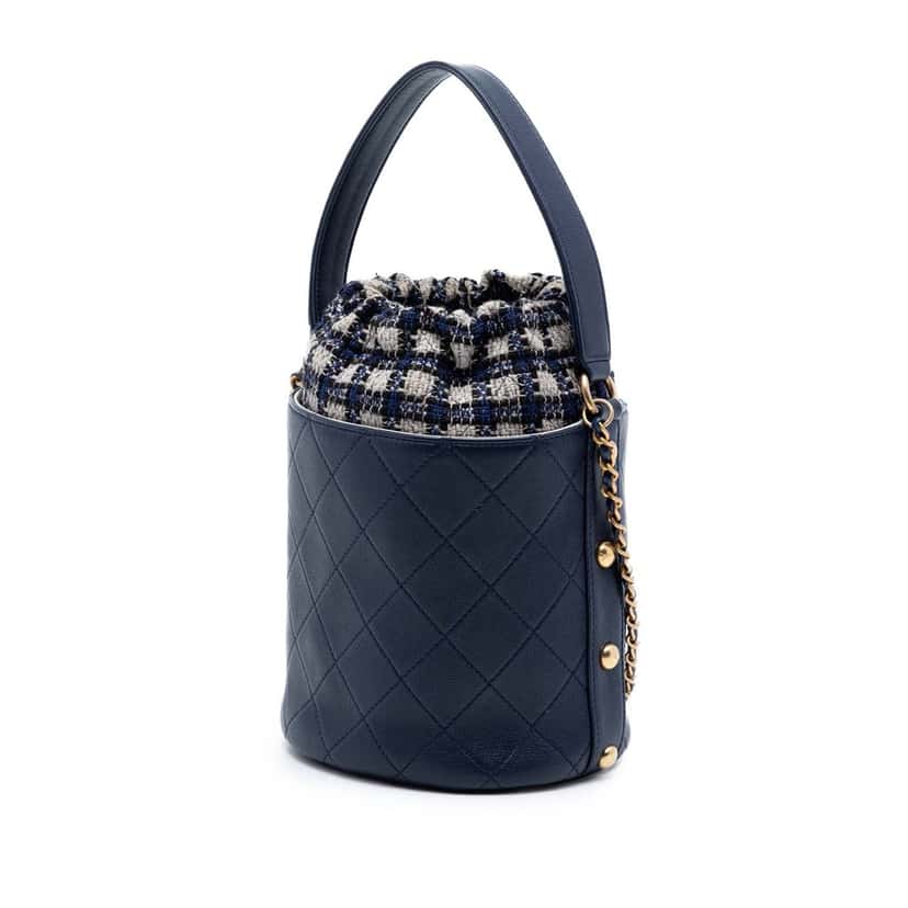 Chanel Medium CC Calfskin and Tweed Drawstring Bucket Bag Blue Leather Very good condition - Back View