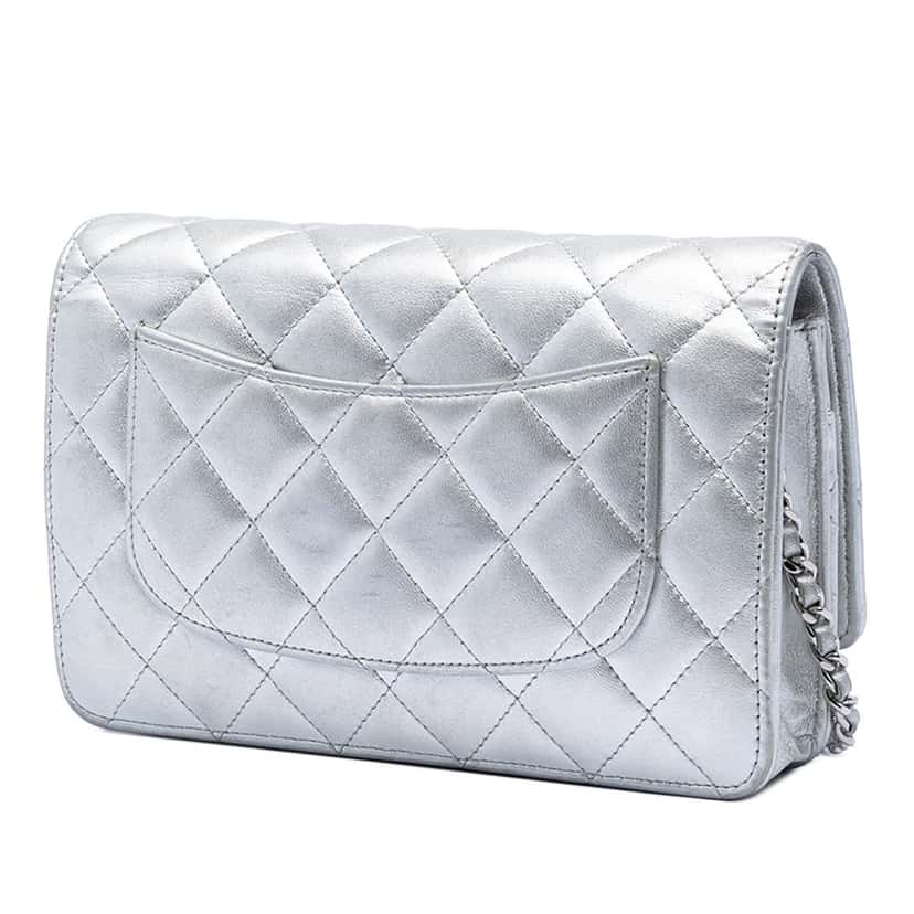 Chanel CC Quilted Metallic Lambskin Wallet on Chain Silver Leather Very good condition - Back View