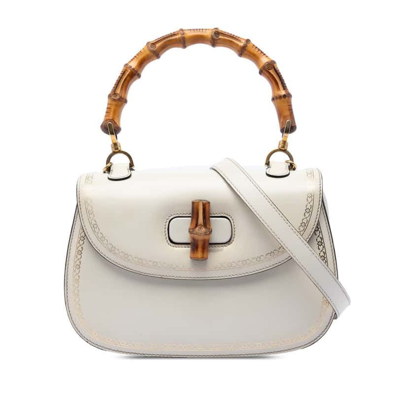 Gucci Calfskin Frame Print Bamboo Top Handle Bag White Leather Very good condition - Front View