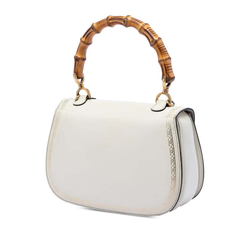 Gucci Calfskin Frame Print Bamboo Top Handle Bag White Leather Very good condition - Back View