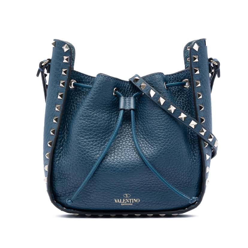 Valentino Small Grained Calfskin Rockstud Bucket Bag Blue Leather Very good condition - Front View