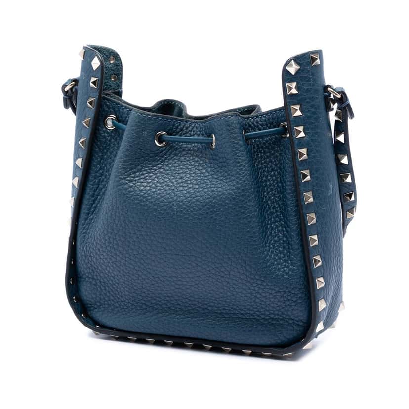 Valentino Small Grained Calfskin Rockstud Bucket Bag Blue Leather Very good condition - Back View