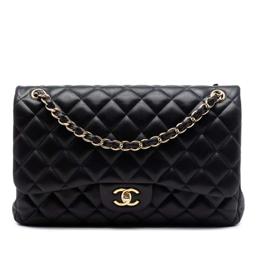 Chanel Jumbo Classic Lambskin Double Flap Black Leather Very good condition - Front View