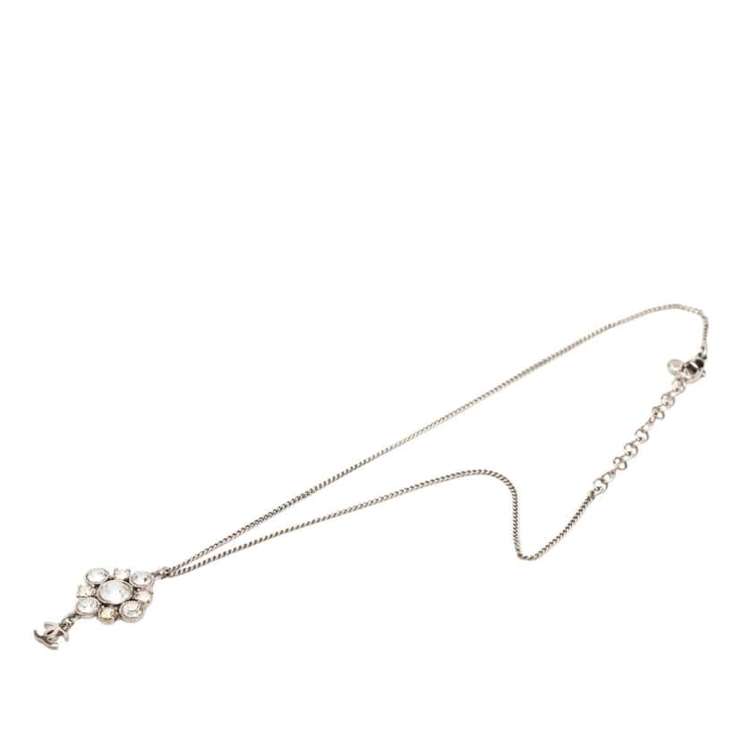 Chanel CC Brass Strass Pendant Necklace Silver Metal Very good condition - Front View