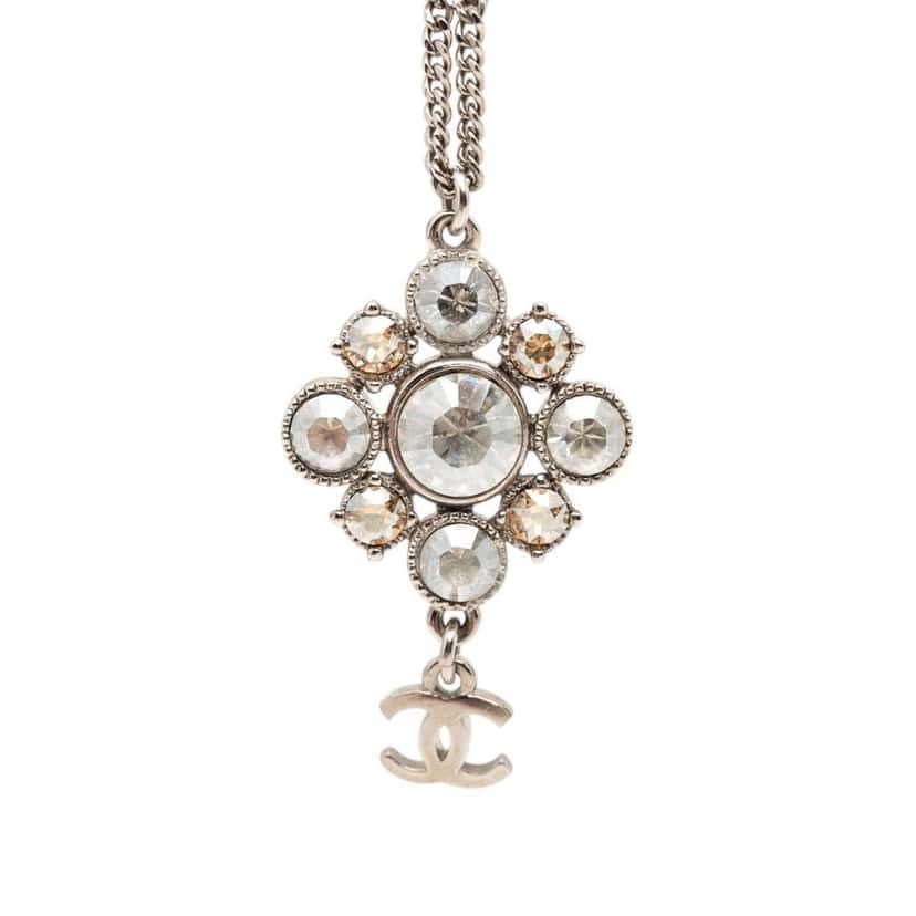 Chanel CC Brass Strass Pendant Necklace Silver Metal Very good condition - Back View
