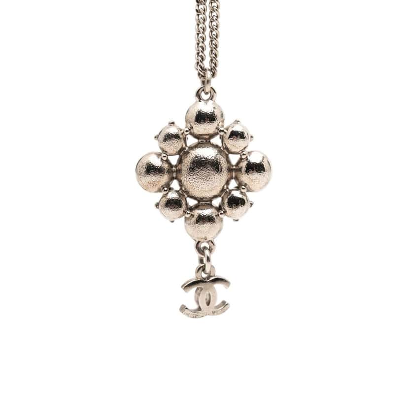 Chanel CC Brass Strass Pendant Necklace Silver Metal Very good condition - Inside View