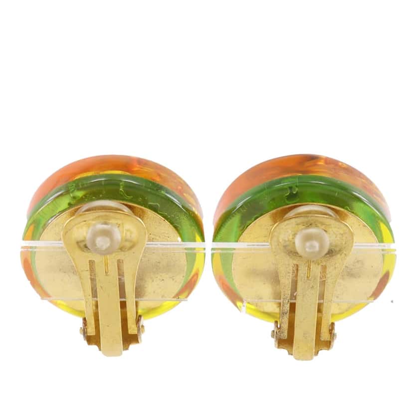 Chanel CC Resin Embedded Camellia Shoe Gold Plated Clip On Earrings Gold Plastic Very good condition - Back View