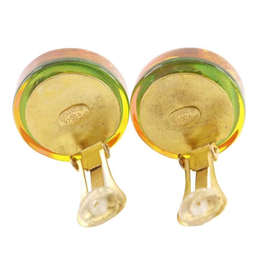 Chanel CC Resin Embedded Camellia Shoe Gold Plated Clip On Earrings Gold Plastic Very good condition - Inside View