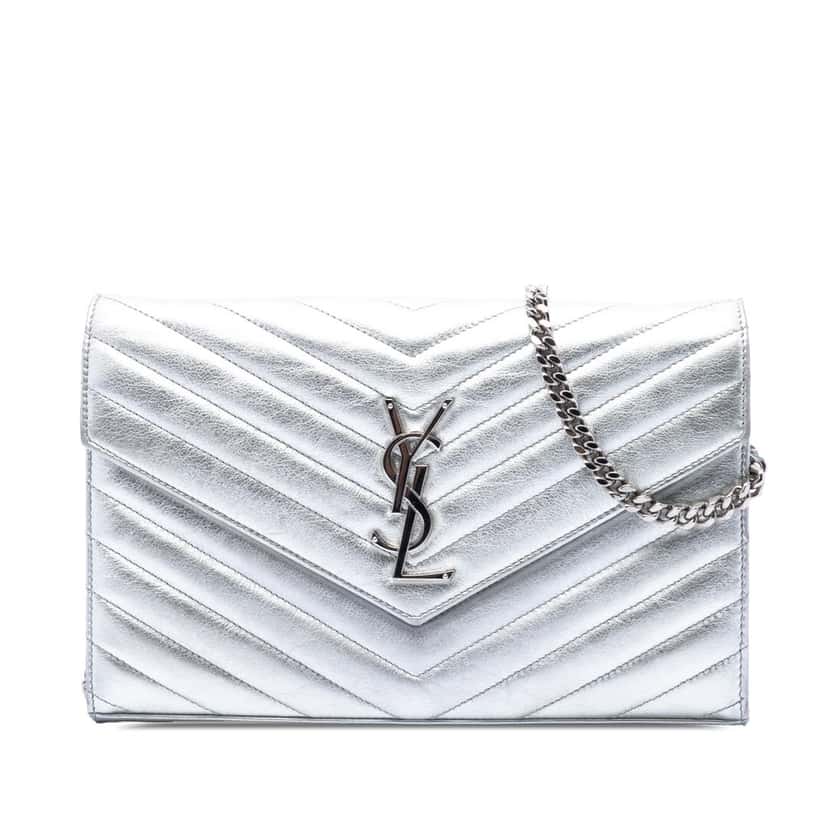 Saint Laurent Metallic Calfskin Matelasse Chevron Monogram Chain Wallet Silver Leather Very good condition - Front View