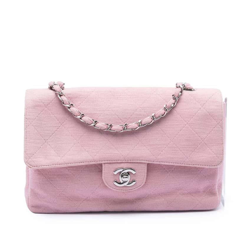 Chanel Medium Classic Jersey Single Flap Pink Very good condition - Front View