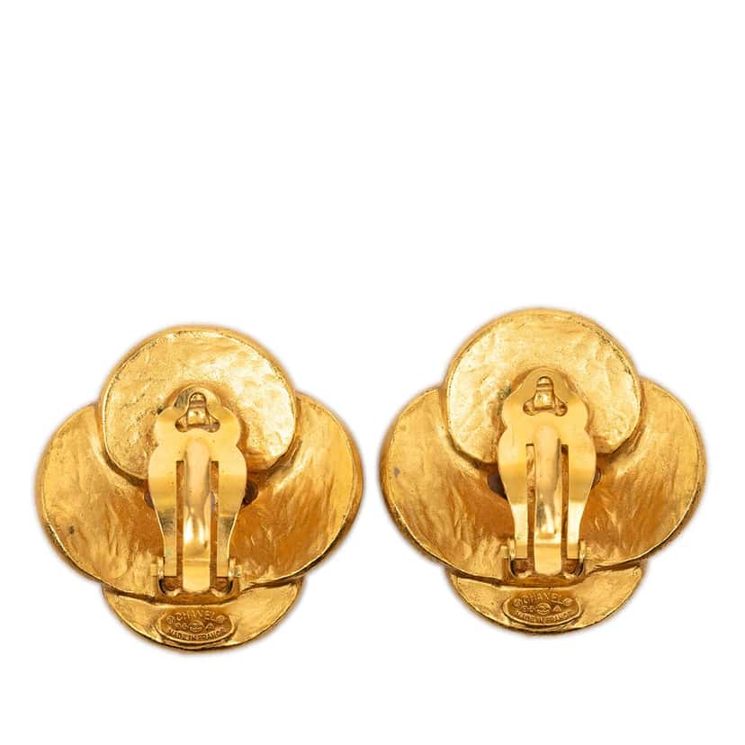 Chanel CC Gold Plated Clover Clip On Earrings Gold Metal Very good condition - Back View