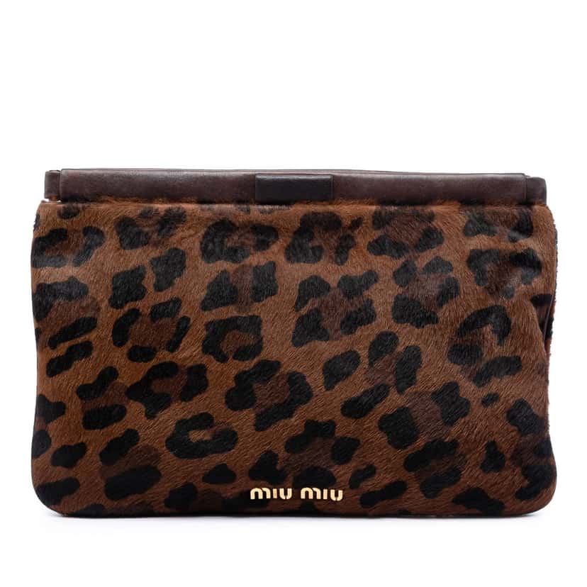 Miu Miu Leopard Printed Calfskin Hair Frame Clutch Brown Very good condition - Front View