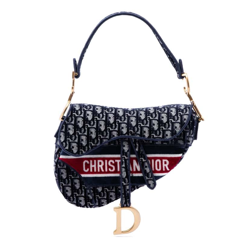 Dior Oblique Embroidered Velvet Saddle Bag Blue Very good condition - Front View