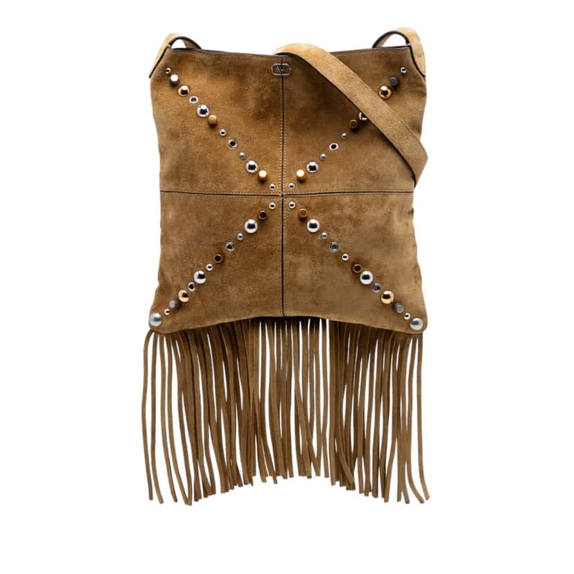 Valentino Suede Studded Nellcote Fringe Crossbody Brown Leather Very good condition - Front View