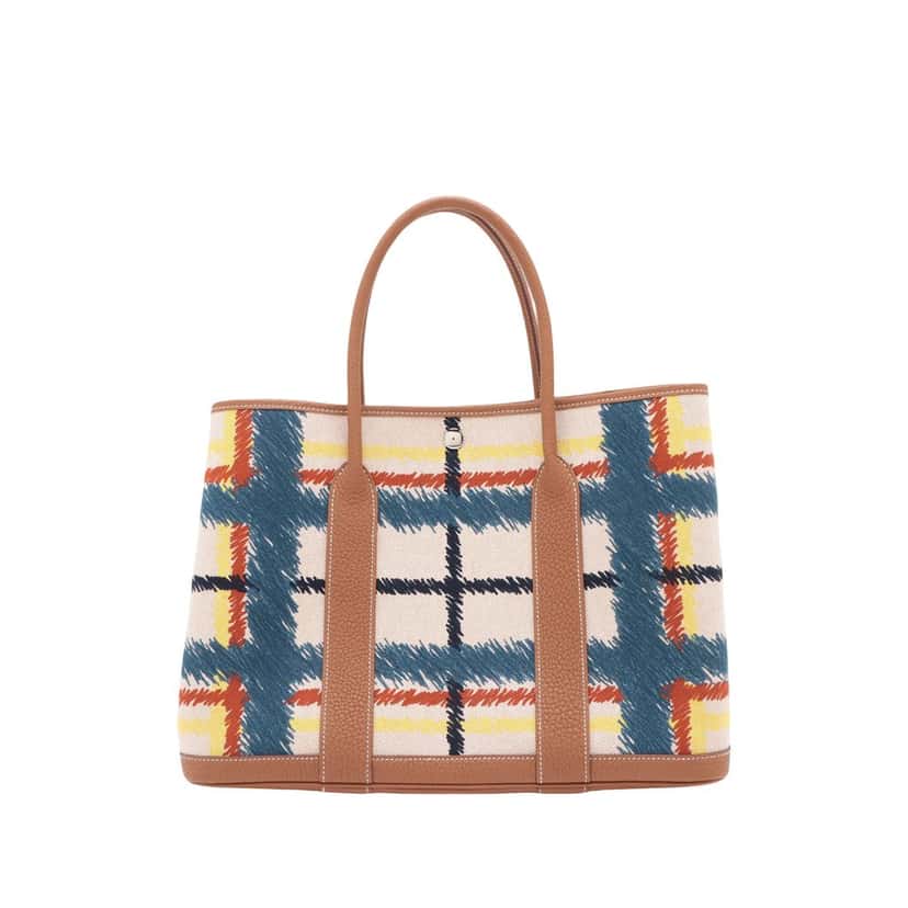 Hermès Toile and Negonda Tartan Cross Garden Party 36 Beige Very good condition - Front View