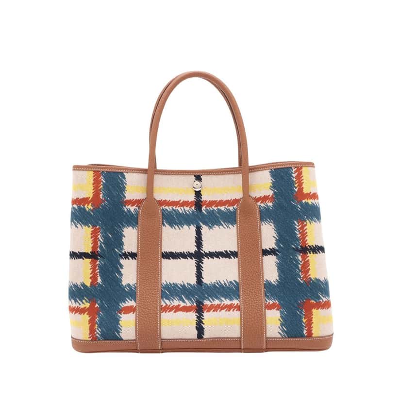 Hermès Toile and Negonda Tartan Cross Garden Party 36 Beige Very good condition - Back View