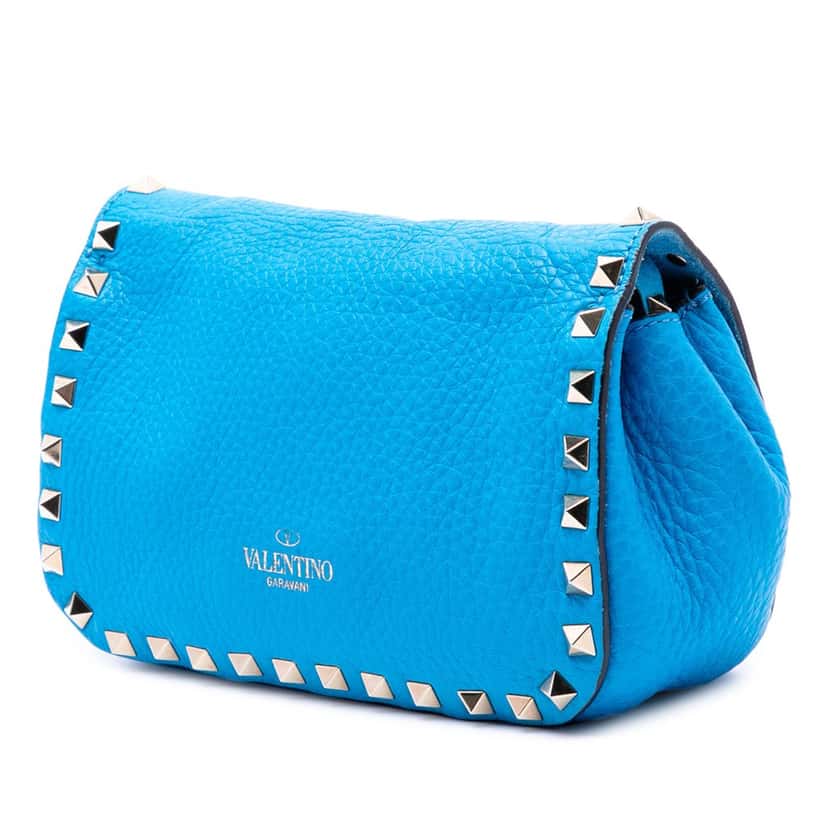 Valentino Mini Pebbled Calfskin Rockstud Flap Crossbody Blue Leather Very good condition - Back View