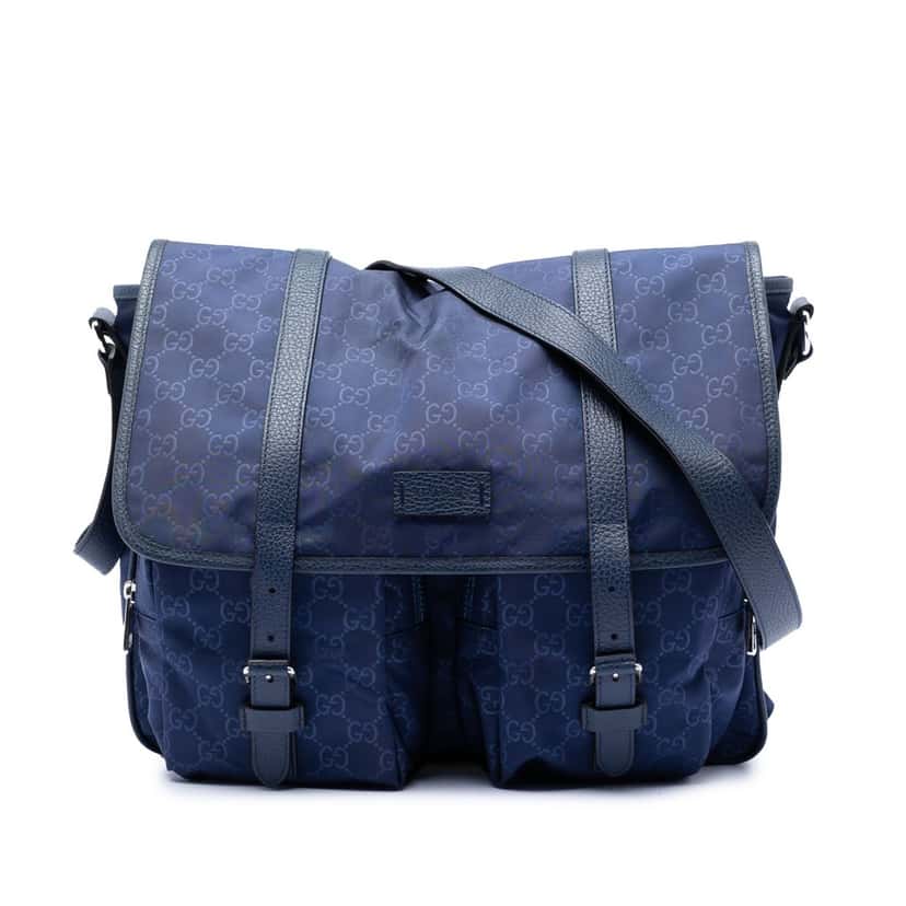Gucci GG Nylon Double Buckle Flap Messenger Bag Blue Never worn, with tag - Front View