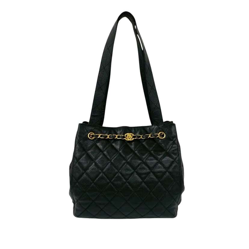Chanel CC Quilted Caviar Chain Drawstring Tote Black Leather Very good condition - Front View