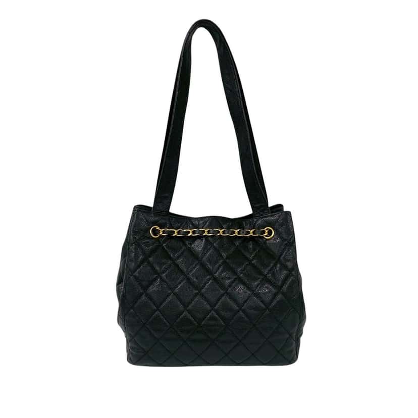 Chanel CC Quilted Caviar Chain Drawstring Tote Black Leather Very good condition - Back View