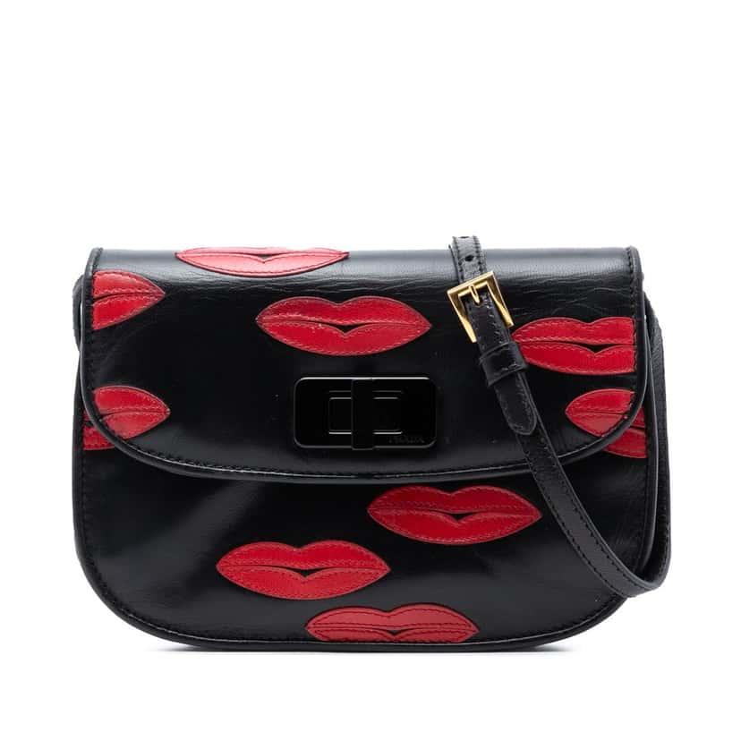 Prada Leather Lips Applique Crossbody Black Leather Very good condition - Front View
