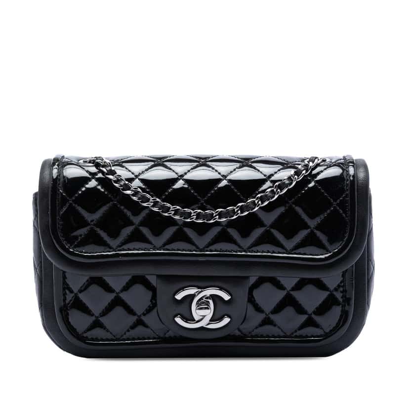 Chanel Small Quilted Patent and Lambskin Trimmed Classic Twist Flap Black Leather Very good condition - Front View