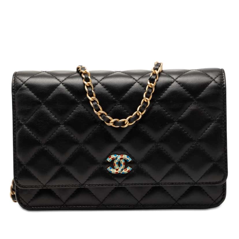 Chanel CC Quilted Lambskin Mosaic Wallet On Chain Black Leather Very good condition - Front View