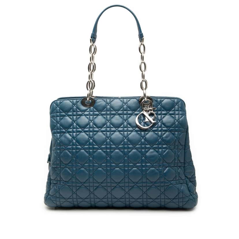 Dior Large Lambskin Cannage Soft Zipped Lady Dior Shopping Tote Blue Leather Very good condition - Front View