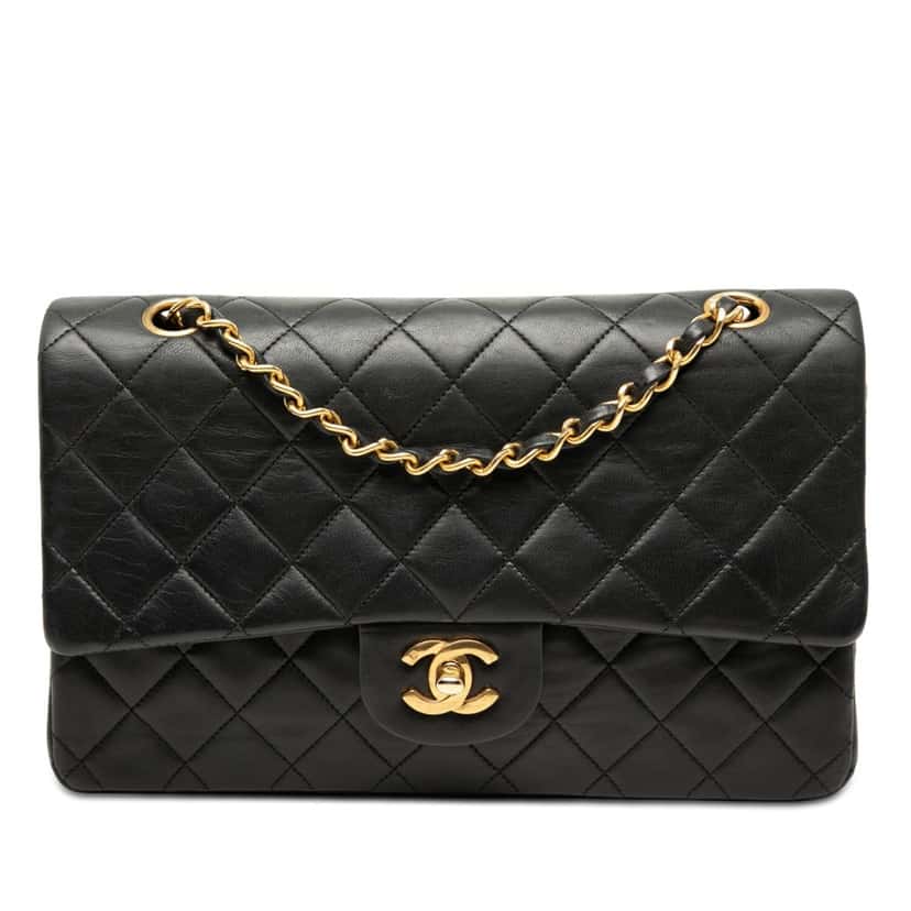 Chanel Medium Classic Lambskin Double Flap Black Leather Very good condition - Front View
