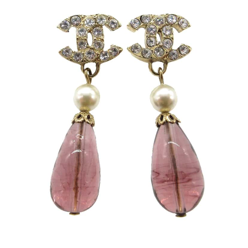 Chanel CC Gold Plated Strass Faux Pearl Push Back Earrings Gold Metal Very good condition - Front View