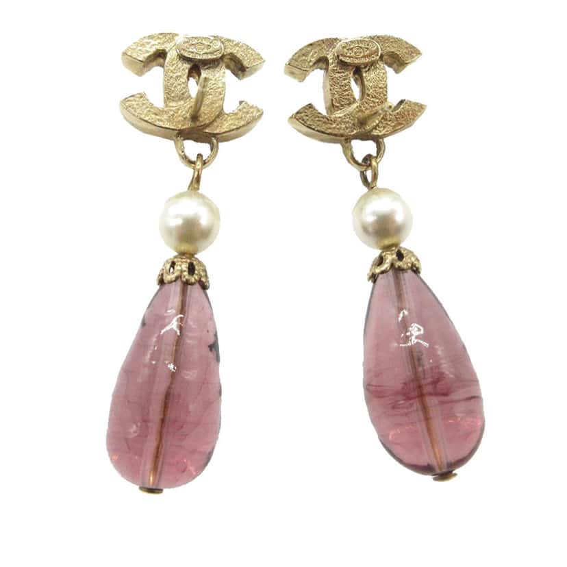 Chanel CC Gold Plated Strass Faux Pearl Push Back Earrings Gold Metal Very good condition - Back View