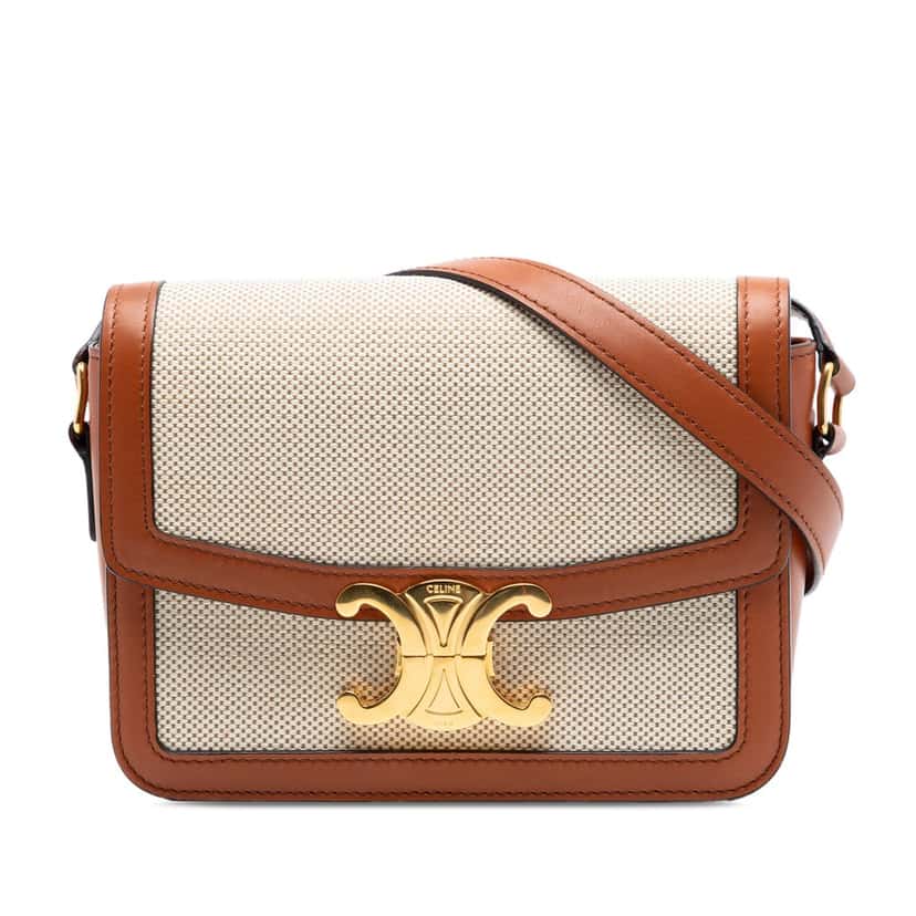 Celine Teen Canvas and Calfskin Triomphe Crossbody Beige Very good condition - Front View