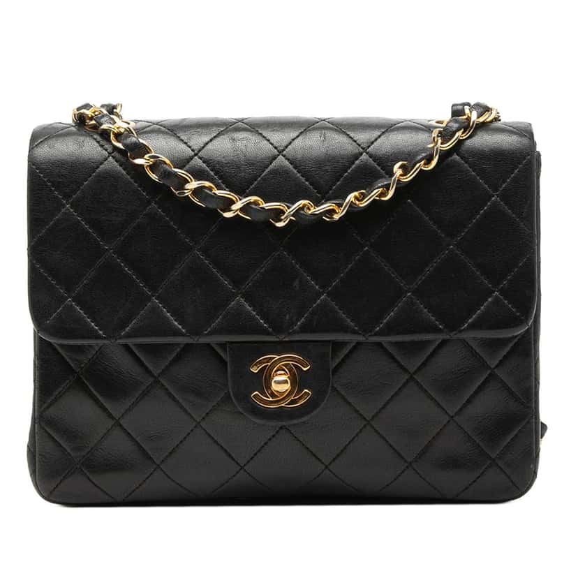 Chanel Small Square Quilted Lambskin Flap Black Leather Very good condition - Front View