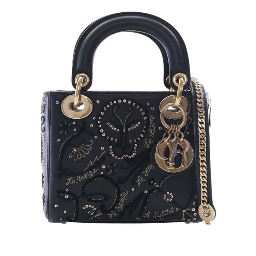 Dior Mini Lambskin Embroidered Sequin Astrology Lady Dior Black Leather Very good condition - Front View