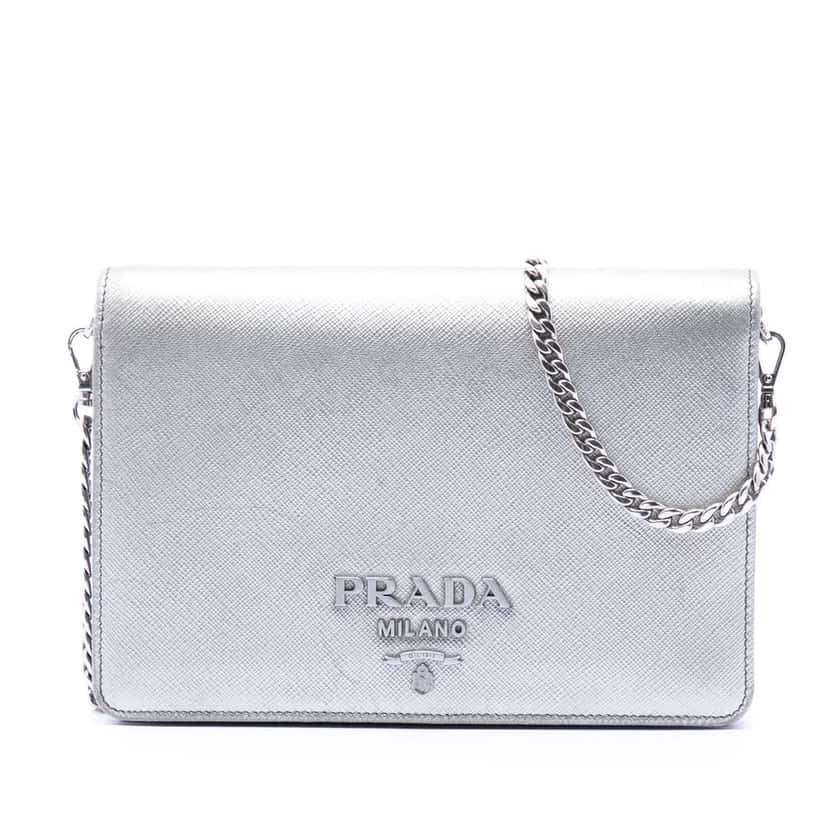 Prada Metallic Saffiano Lux Wallet on Chain Silver Leather Very good condition - Front View