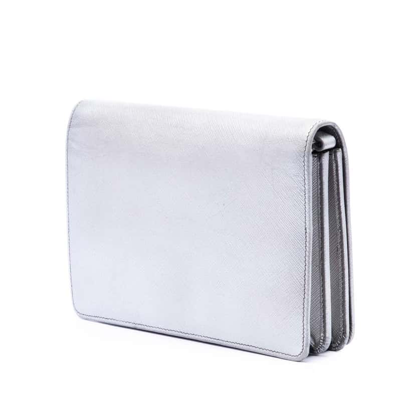 Prada Metallic Saffiano Lux Wallet on Chain Silver Leather Very good condition - Back View