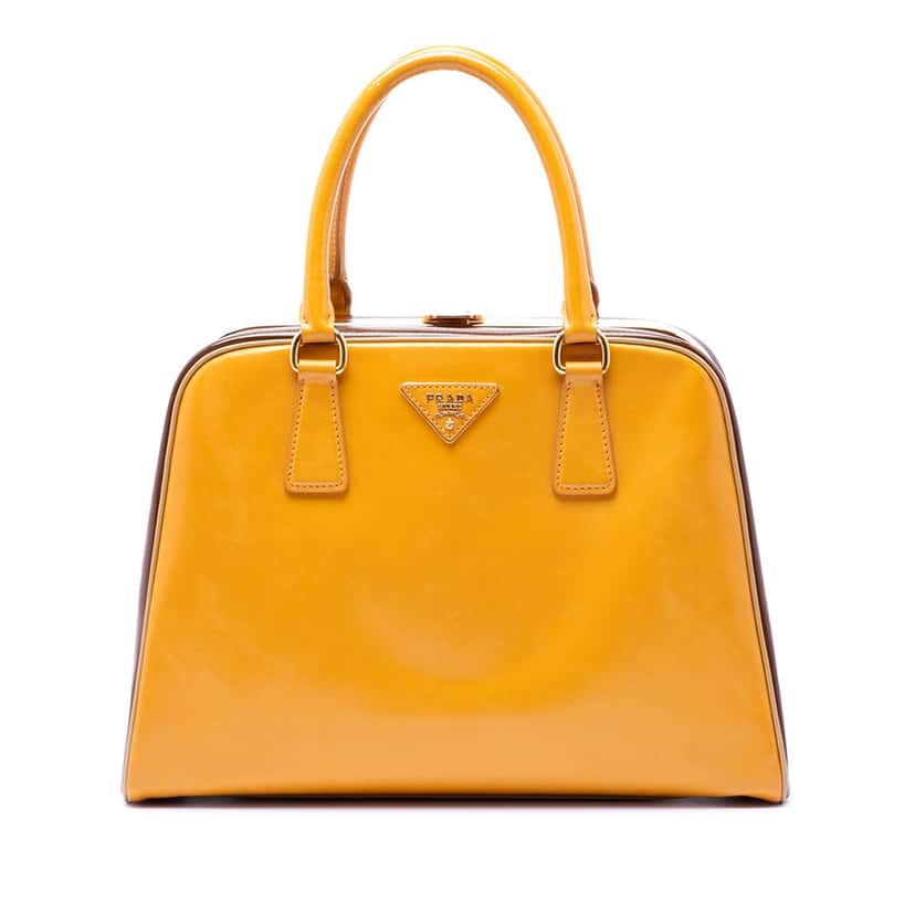 Prada Bicolor Saffiano Vernice Pyramid Frame Handbag Yellow Leather Very good condition - Front View