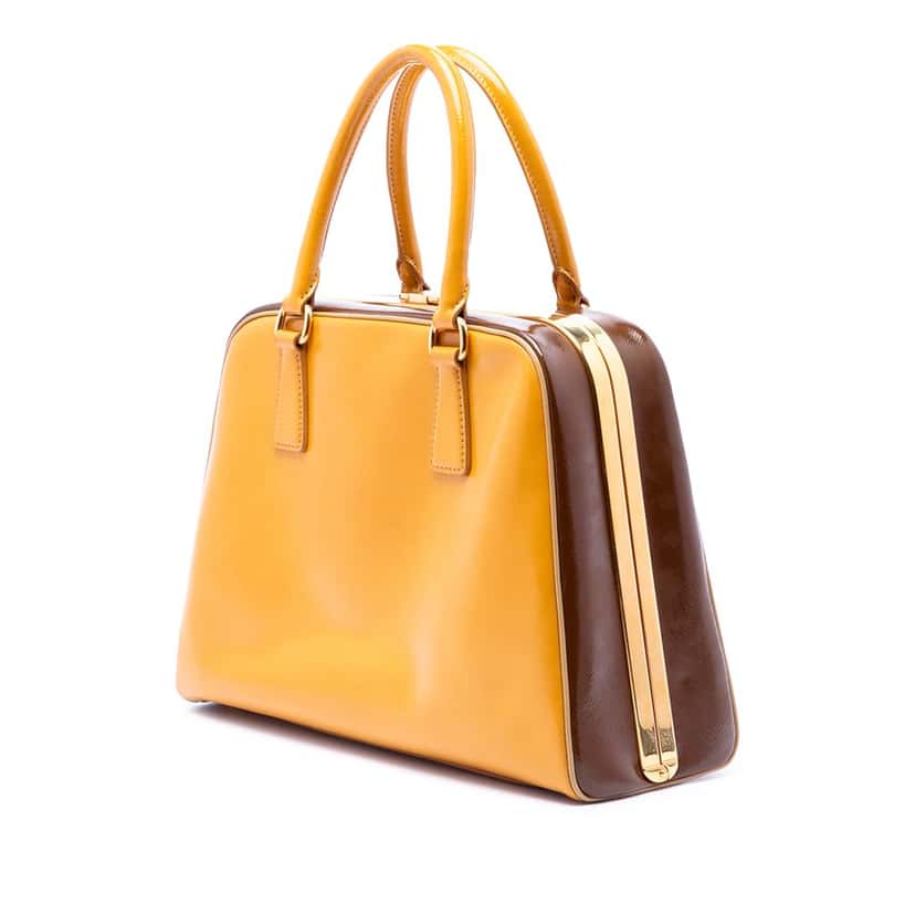 Prada Bicolor Saffiano Vernice Pyramid Frame Handbag Yellow Leather Very good condition - Back View